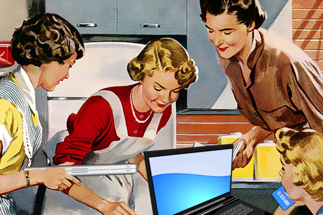 Vintage picture of women, looking like 50's house wives working in the kitchen, but instead of cakepan on holds a laptop, one holds a stack of papers, one is on a cellphone and another laptop